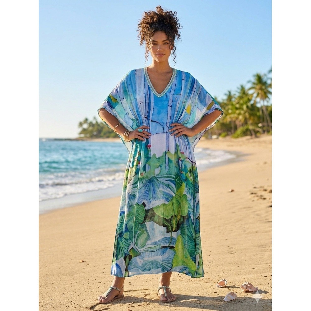 Blank London Caftan Kimono Dress Beach Swim Coverup Sheer Tropical‎ Print M